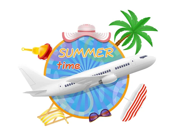 Summer Time Banner Poster Airplane Items Beach Holiday Stock Vector — Stock Vector