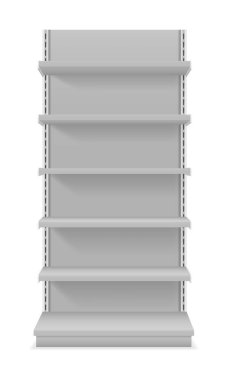 Beyaz grupta izole edilmiş bir mağaza vektör illüstrasyonunda ürün satmak için raflar