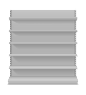 Beyaz grupta izole edilmiş bir mağaza vektör illüstrasyonunda ürün satmak için raflar
