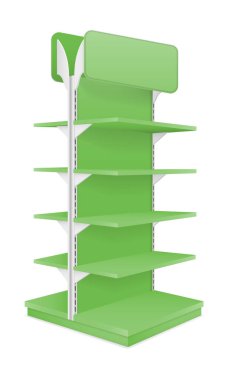 Beyaz grupta izole edilmiş bir mağaza vektör illüstrasyonunda ürün satmak için raflar