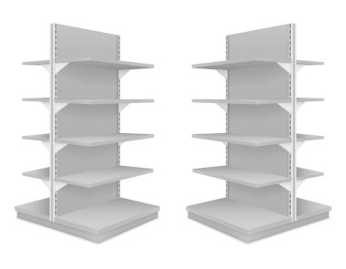 Beyaz grupta izole edilmiş bir mağaza vektör illüstrasyonunda ürün satmak için raflar