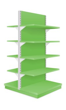 Beyaz grupta izole edilmiş bir mağaza vektör illüstrasyonunda ürün satmak için raflar