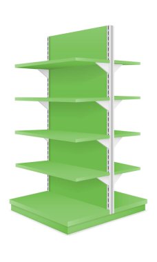 Beyaz grupta izole edilmiş bir mağaza vektör illüstrasyonunda ürün satmak için raflar