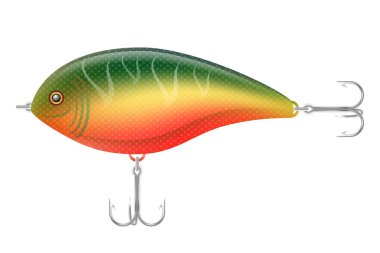 Beyaz arkaplanda izole edilmiş balık vektörü illüstrasyonunu yakalamak için üçlü kancalı renkli plastik titreştirici.