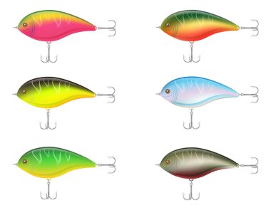Beyaz arkaplanda izole edilmiş balık vektörü illüstrasyonunu yakalamak için üçlü kancalı renkli plastik titreştirici.