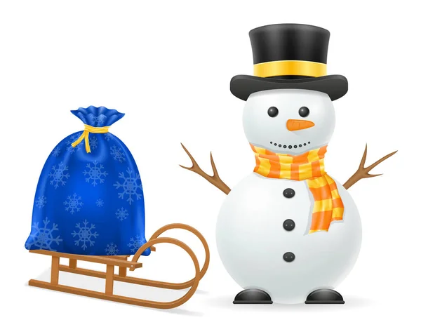 Sněhulák Vánoční Santa Claus Taška Sáně Stock Vektorové Ilustrace Izolované — Stockový vektor