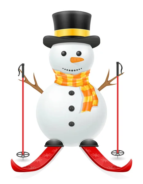 Χριστούγεννα Χιονάνθρωπος Στο Σκι Εικονογράφηση Διάνυσμα Απόθεμα Απομονωμένο Λευκό Φόντο — Διανυσματικό Αρχείο