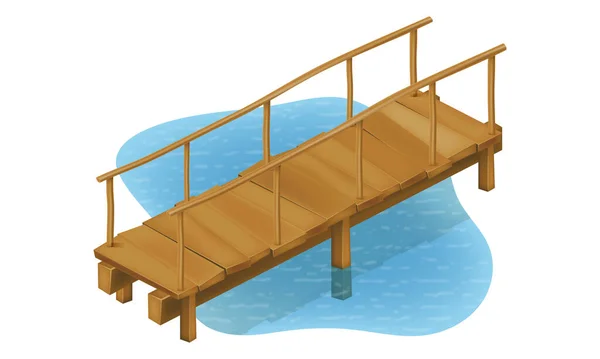Puente Viejo Madera Para Cruzar Río Estanque Vector Ilustración Aislado — Vector de stock