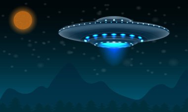 UFO uzay uçan daire uzay gemisi aydınlatma vektör çizimi beyaz arkaplanda izole edildi