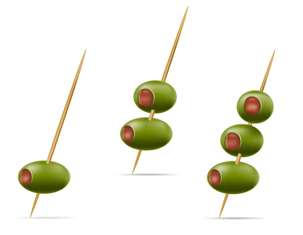 Zelené Olivy Koktejlovém Špejli Pro Martini Vektorové Ilustrace Izolované Bílém — Stockový vektor