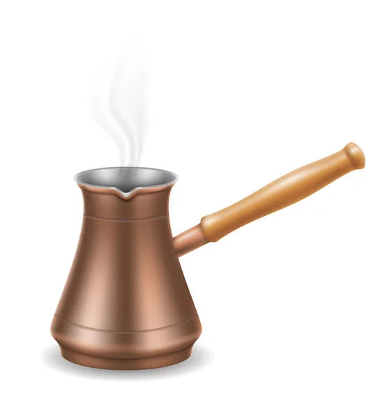 Copper Turkish Coffee Pot Wooden Handle Making Drink Vector Illustration — Stock Vector
