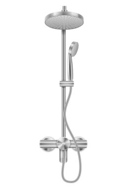 Beyaz arkaplanda izole edilmiş banyo vektörü çizimi için metal krom duş başlığı