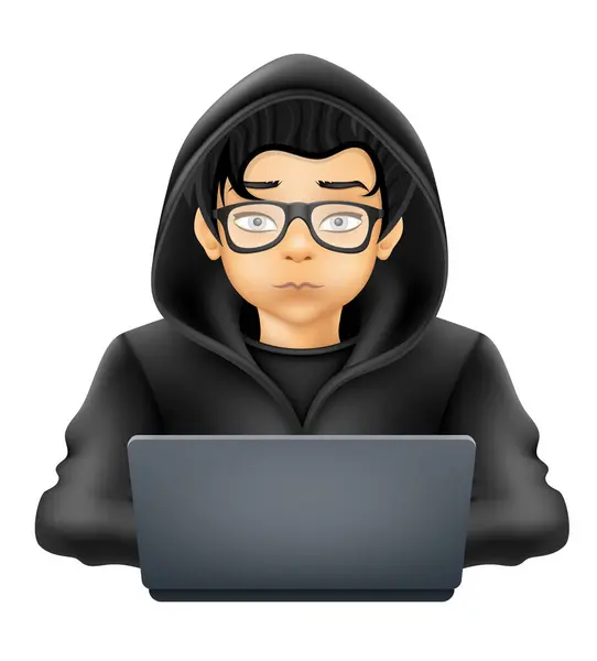 Молодий Хакер Програміст Спеціалізований Програміст Сидить Ноутбуці Светрі Капюшоном Векторні — стоковий вектор