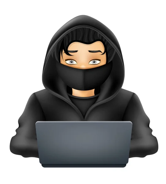 Young Hacker Programmer Specialist Coder Sitting Laptop Sweater Hood Vector — Stock Vector