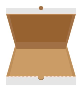 Büyük yuvarlak pizza için kutu paketi. Beyaz arka planda izole edilmiş peynirli domates salamlı zeytin şampiyonu soğan stok vektör illüstrasyonu.