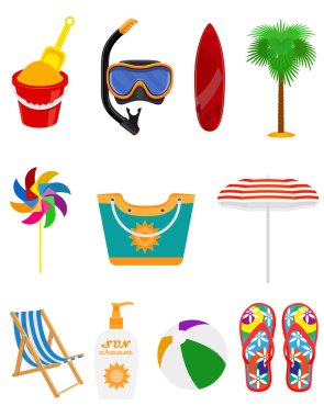 Plaj ve deniz yaz boş nesneleri beyaz arka planda izole edilmiş vektör illüstrasyon stoku