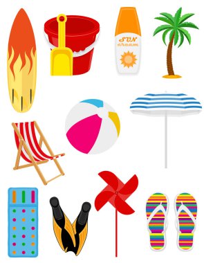 Plaj ve deniz yaz boş nesneleri beyaz arka planda izole edilmiş vektör illüstrasyon stoku