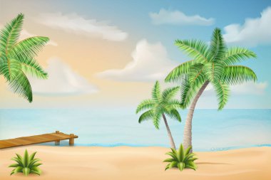 Kum sahili deniz dalgalı deniz burnu gökyüzü ve beyaz arka planda izole edilmiş vektör illüstrasyonu