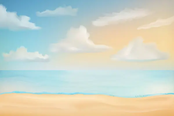 Zeegezicht Met Zand Strand Zee Golven Lucht Wolken Vector Illustratie Stockvector
