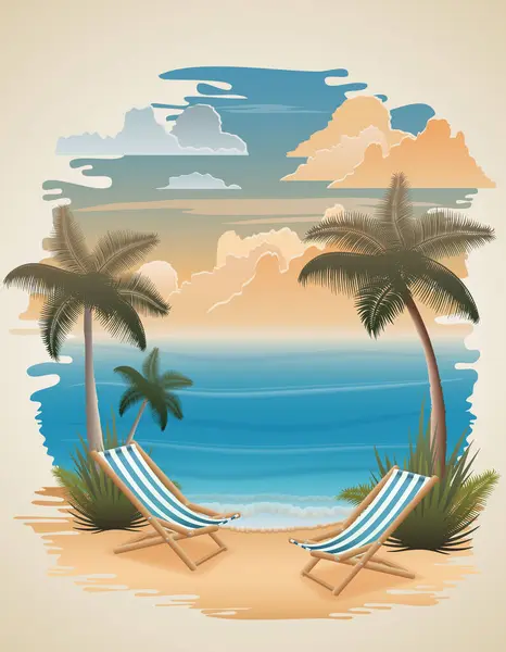 Тропический Морской Пейзаж Песчаными Морскими Волнами Небо Облака Векторная Иллюстрация Векторная Графика