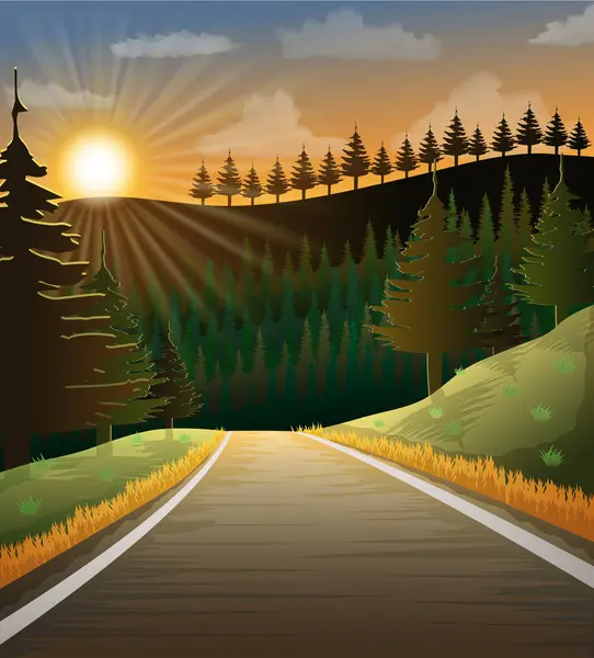 山の丘と木の間の自然の風景のアスファルトの自動道路 ストックベクターのイラスト ストックベクター