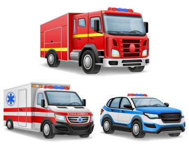 Beyaz arka planda izole edilmiş çeşitli acil durum ve kurtarma araçları vektör ilüstrasyonuna sahip otomobil