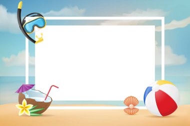 Deniz plajı ve güneşli gökyüzü resimli yaz posteri