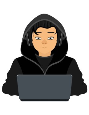 Genç hacker programcısı beyaz arka planda izole edilmiş kaput düz vektör illüstrasyonlu bir kazakla dizüstü bilgisayarın başında oturan bir programcı.