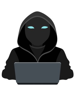 Genç hacker programcısı beyaz arka planda izole edilmiş kaput düz vektör illüstrasyonlu bir kazakla dizüstü bilgisayarın başında oturan bir programcı.