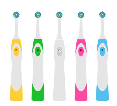 Dişleri temizlemek için elektrikli diş fırçası ve beyaz arka planda izole edilmiş düz dişli vektör çizimi