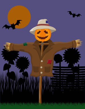 Bayramlarda balkabağı kafalı bahçe korkuluğu. Düz cadılar bayramı stili stok temsili.