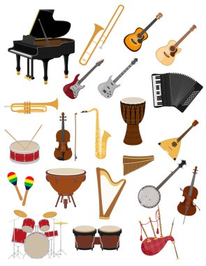 Beyaz arkaplanda izole edilmiş müzik enstrümanı düz biçim vektör illüstrasyonunu ayarla