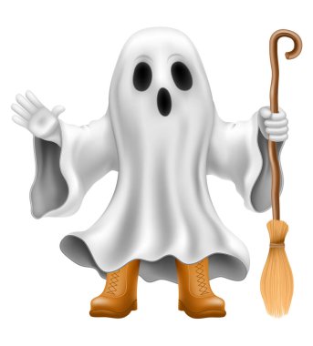 Cadılar Bayramı partisindeki korkunç hayalet. Beyaz arka planda izole edilmiş korkunç yüz vektör çizimi.