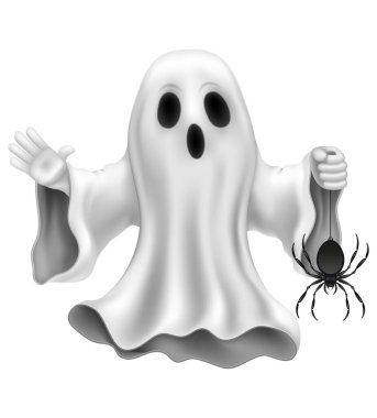 Cadılar Bayramı partisindeki korkunç hayalet. Beyaz arka planda izole edilmiş korkunç yüz vektör çizimi.