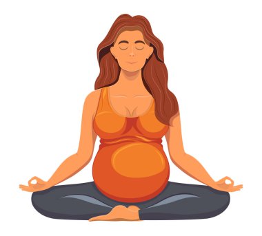 Yoga pozunda oturan hamile genç kadın ve beyaz arka planda izole edilmiş çizgi film vektör çizimi.