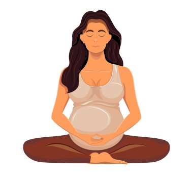 Yoga pozunda oturan hamile genç kadın ve beyaz arka planda izole edilmiş çizgi film vektör çizimi.