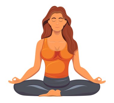 Yoga pozunda oturan ve beyaz arka planda izole edilmiş çizgi film vektör çizimi yapan genç kadın.