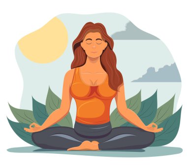 Yoga pozunda oturan ve beyaz arka planda izole edilmiş çizgi film vektör çizimi yapan genç kadın.