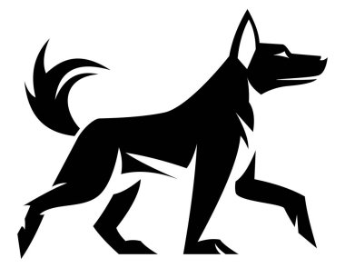 Köpek logosu yaratıcı ve özgün. Beyaz arka planda izole edilmiş iş ya da şirket logoti vektör çizimi için.