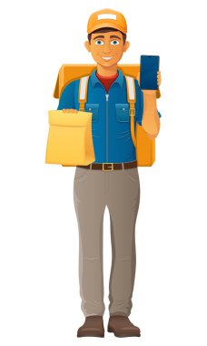 teslim genç adam kurye servis vektör illüstrasyon beyaz arka planda izole