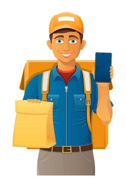 teslim genç adam kurye servis vektör illüstrasyon beyaz arka planda izole