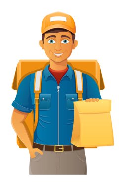 teslim genç adam kurye servis vektör illüstrasyon beyaz arka planda izole