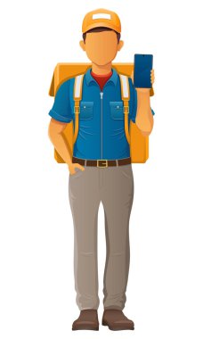 teslim genç adam kurye servis vektör illüstrasyon beyaz arka planda izole