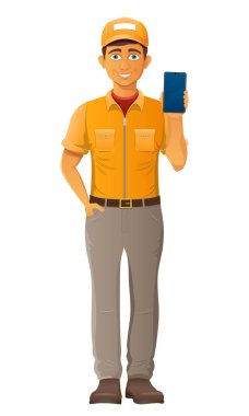 teslim genç adam kurye servis vektör illüstrasyon beyaz arka planda izole