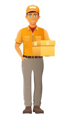 teslim genç adam kurye servis vektör illüstrasyon beyaz arka planda izole