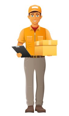 teslim genç adam kurye servis vektör illüstrasyon beyaz arka planda izole