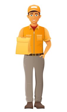 teslim genç adam kurye servis vektör illüstrasyon beyaz arka planda izole