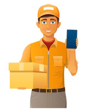 teslim genç adam kurye servis vektör illüstrasyon beyaz arka planda izole