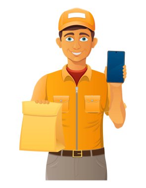 teslim genç adam kurye servis vektör illüstrasyon beyaz arka planda izole