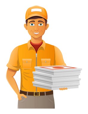 teslim genç adam kurye servis vektör illüstrasyon beyaz arka planda izole